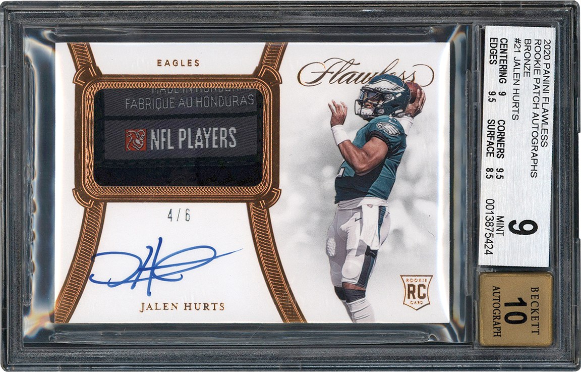 20 Panini Flawless Football Rookie Patch Autograph Bronze Card #21 Jalen Hurts Laundry Tag Patch Autograph #4/6 BGS MINT 9 Auto 10