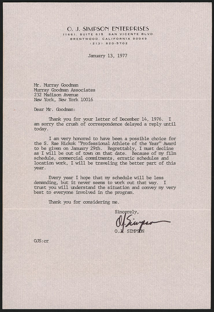 1977 O.J. Simpson Enterprises Signed Letter