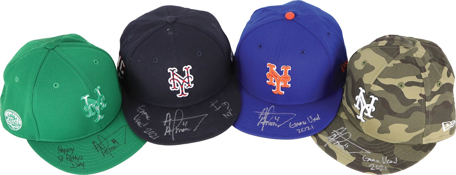 Baseball Equipment - 2021 Albert Almora Jr Signed Game Worn New York Mets Hats (4)