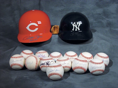 Baseball Autographs - Autographed Baseball Collection (13) with Mickey Mantle Signed Mini-Glove, Pete Rose & Yogi Berra Signed Batting Helmets