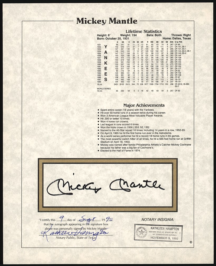 Mickey Mantle Signed Stat Sheet Collection (10)