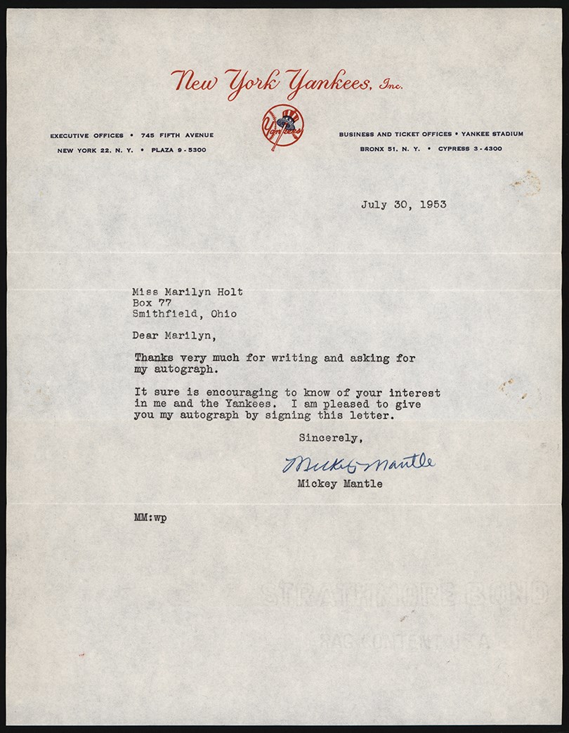 Mantle and Maris - 1953 Mickey Mantle Signed Letter to Autograph Seeker (JSA)
