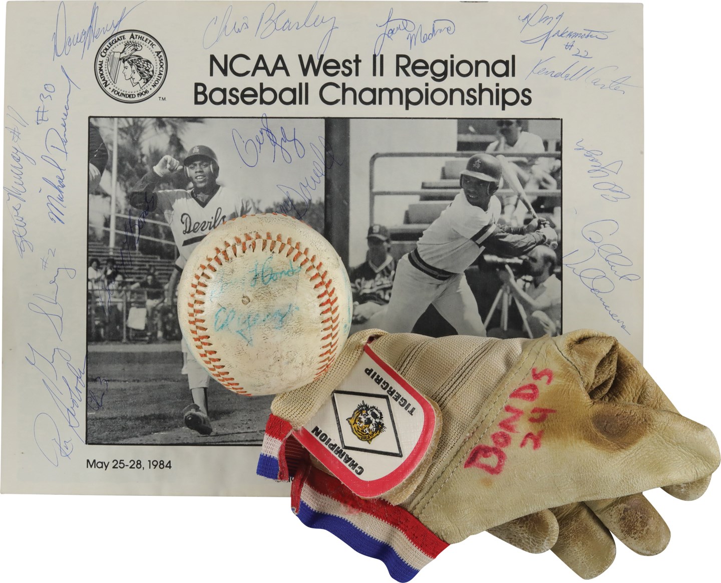 Baseball Autographs - 1984 Barry Bonds Arizona State NCAA Regional Championship Game Used Batting Glove with Team-Signed Program and Baseball
