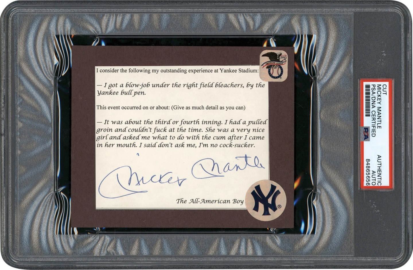 - Mickey Mantle X-Rated Autograph Referencing Infamous Yankee Questionnaire (PSA & JSA)