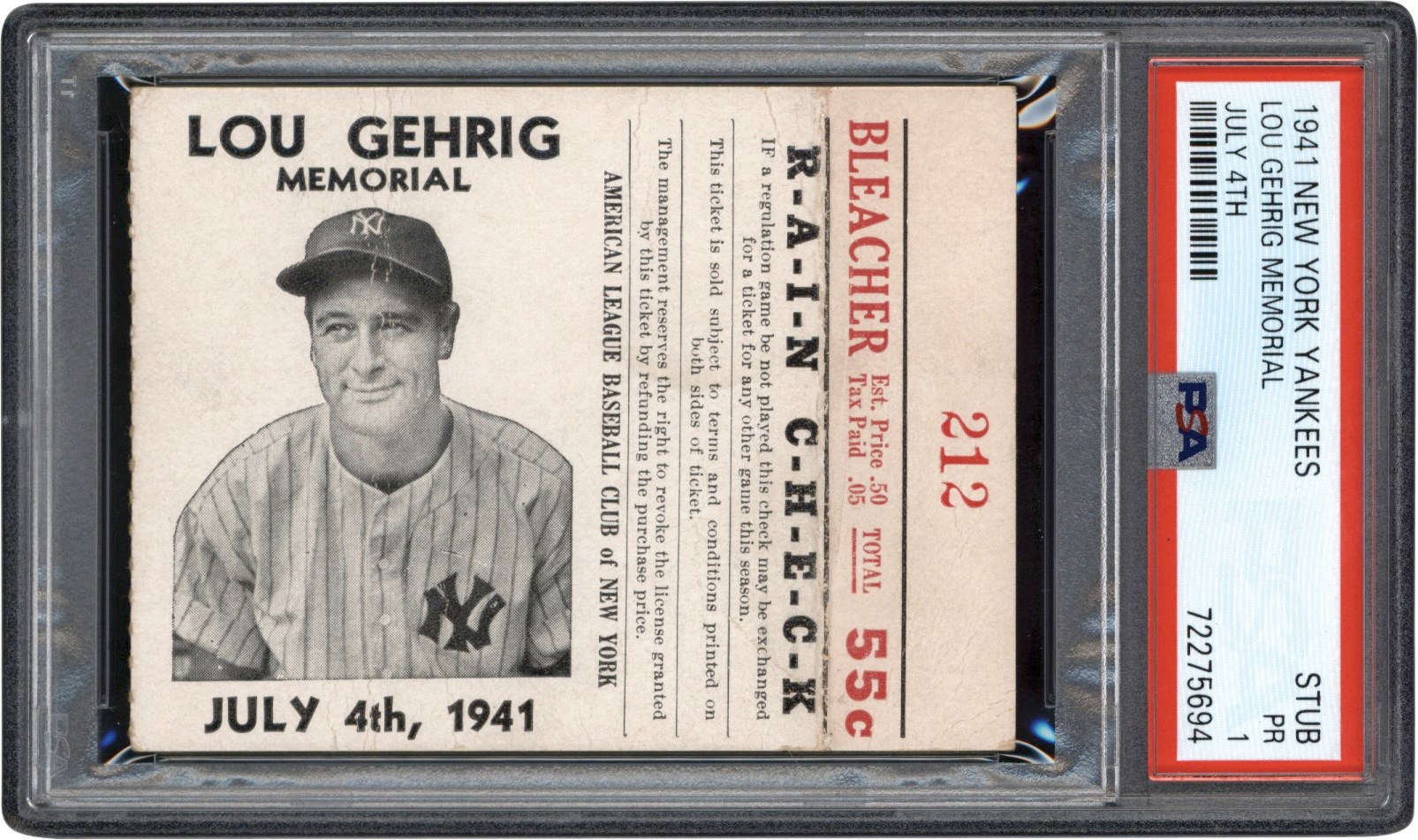 - 1941 Lou Gehrig Memorial Ticket Stub PSA PR 1