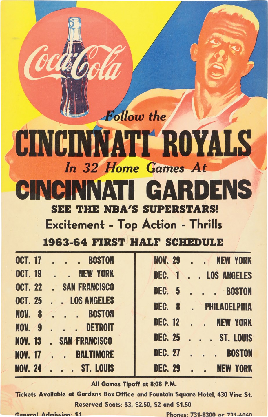 1963-64 Cincinnati Royals 1st Half Schedule Broadside