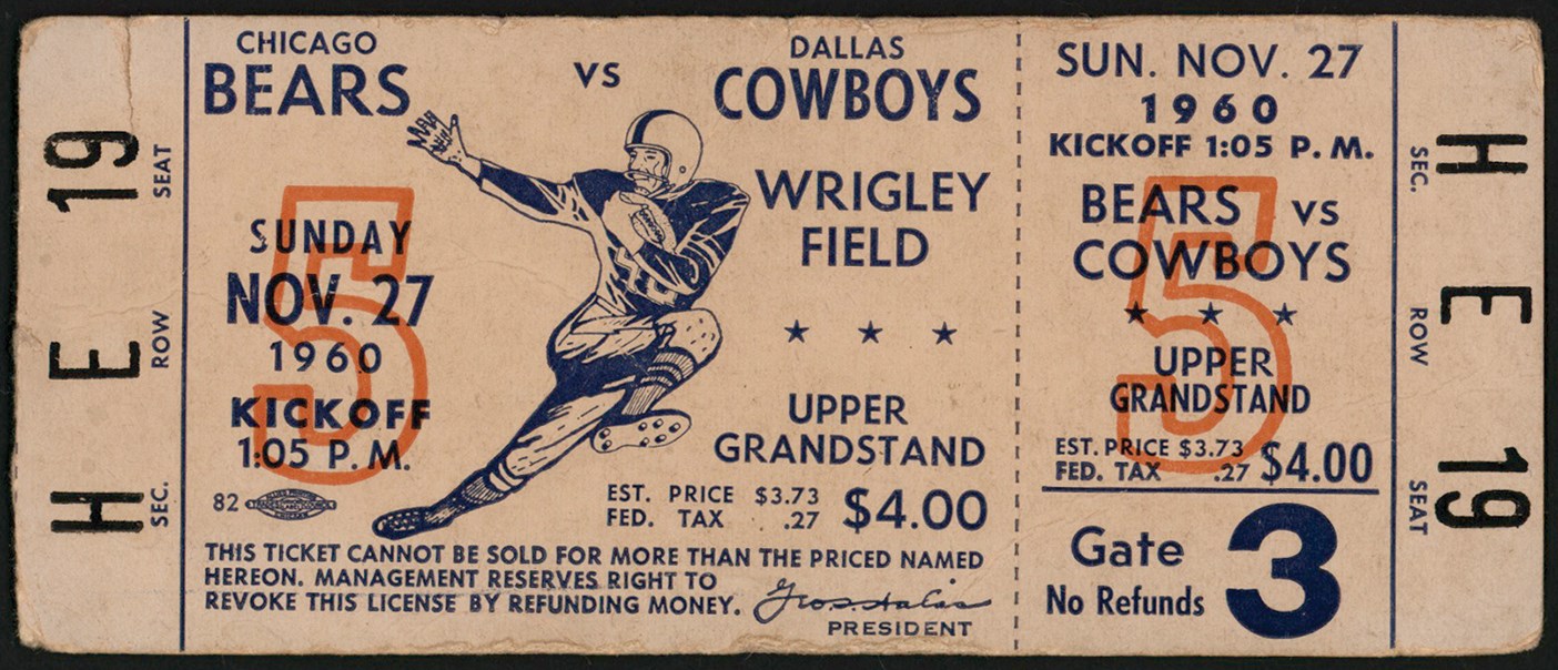 - Rare 1960 Chicago Bears vs. Dallas Cowboys Full Ticket