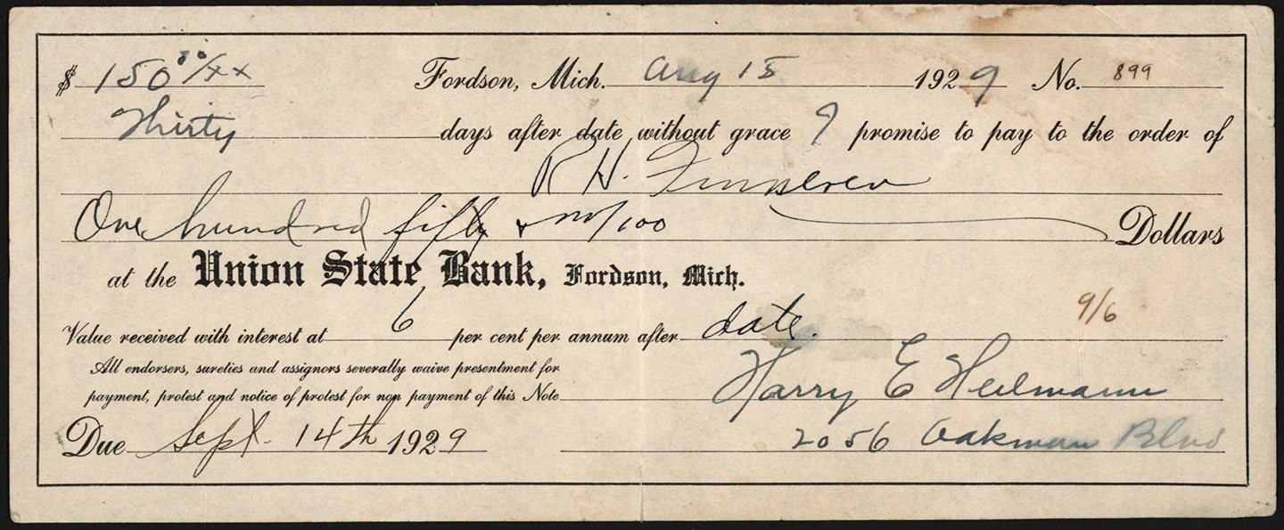 1929 Harry Heilmann Signed Bank Note