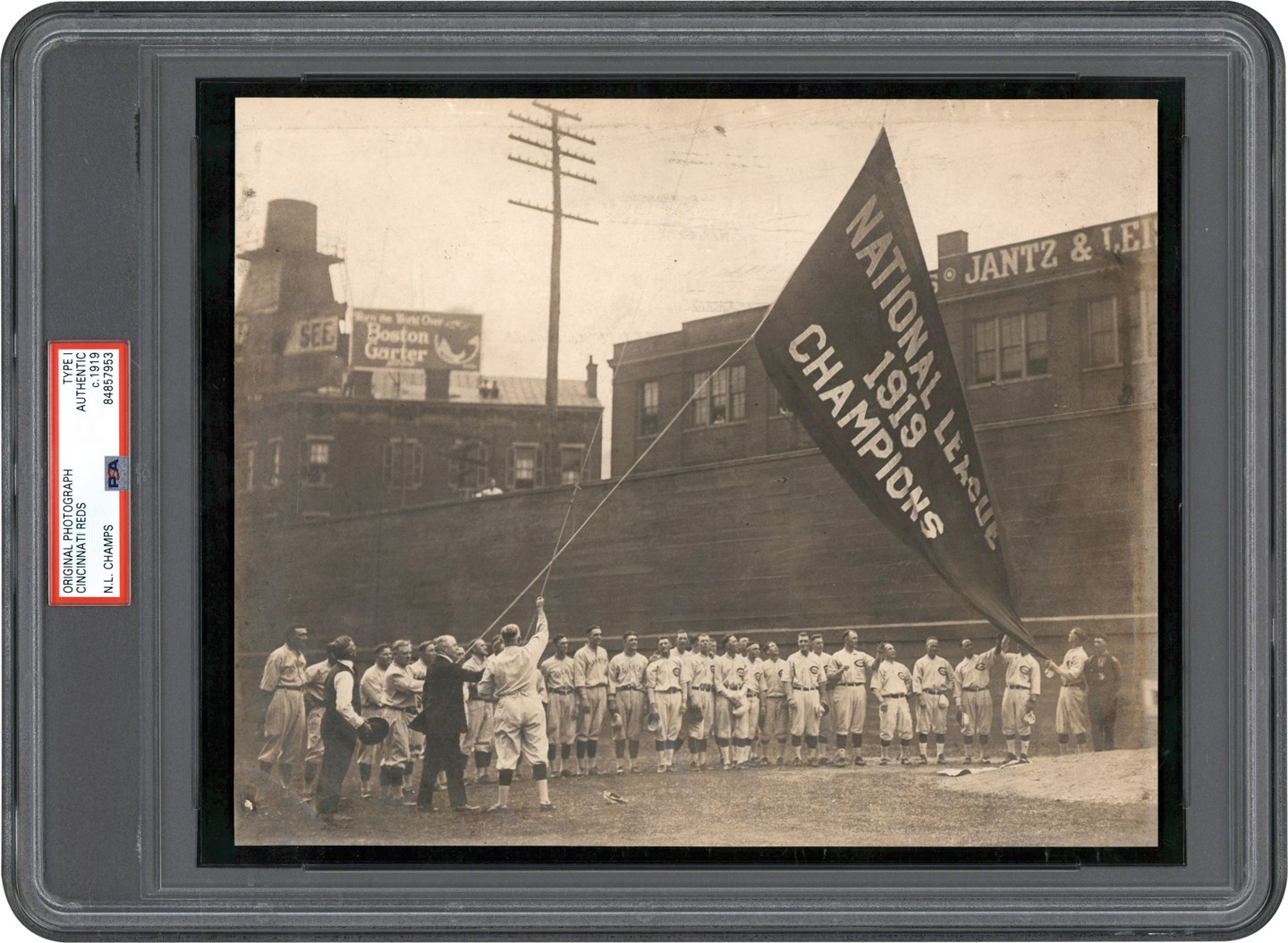 Vintage Sports Photographs - 1919 Cincinnati Reds Raise NL Championship Flag Photograph (PSA Type I)
