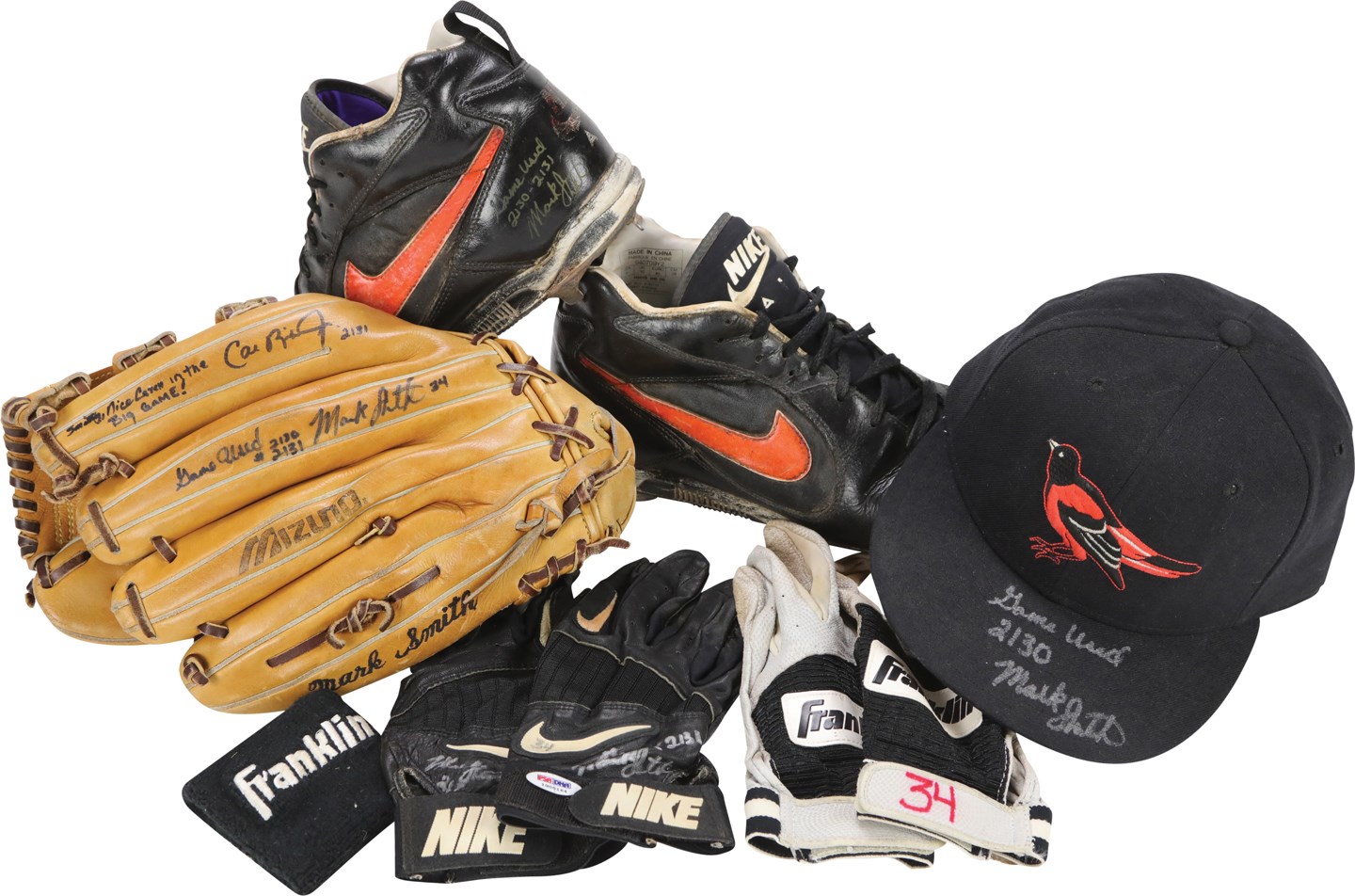 Baseball Equipment - 1995 Mark Smith Baltimore Orioles Game Worn Items from Cal Ripken Jr. 2,130-2,131 Games