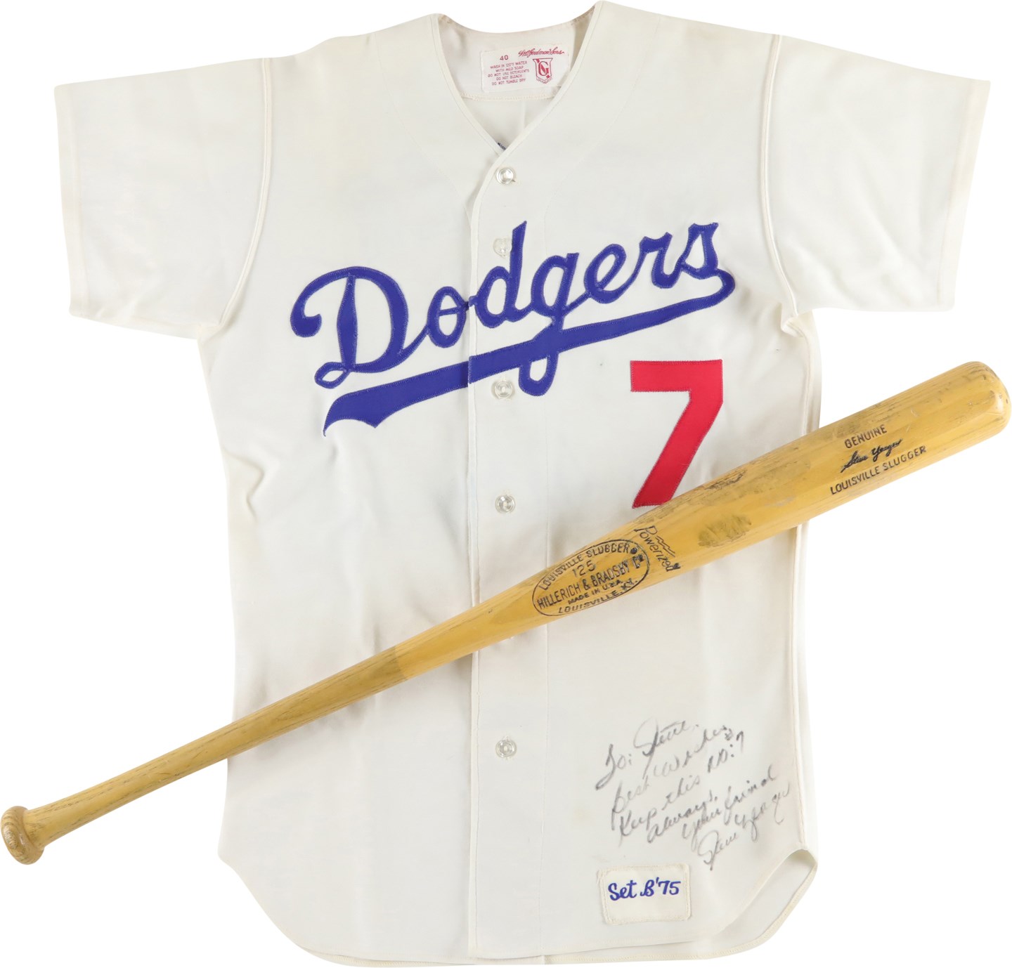 Baseball Equipment - 1975 Steve Yeager Los Angeles Dodgers Signed Game Worn Jersey and Bat