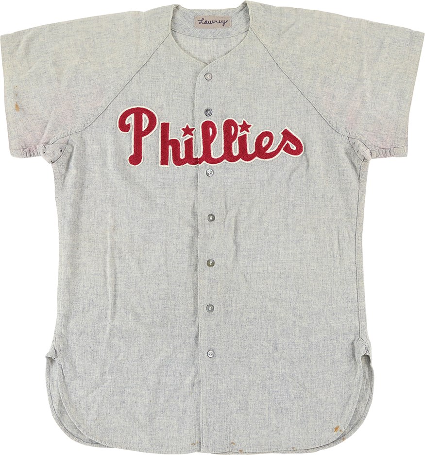 Baseball Equipment - 1955 Peanuts Lowry Philadelphia Phillies Road Flannel Game Worn Jersey