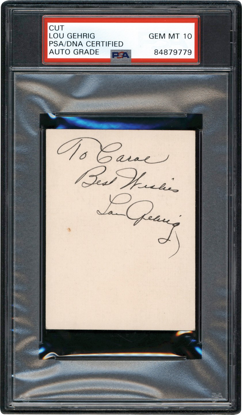 Ruth and Gehrig - Perfect Lou Gehrig Signed Card (PSA GEM MINT 10 Auto)