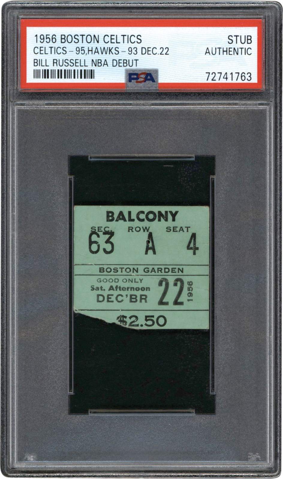December 22,1956, Bill Russell NBA Debut Ticket Stub PSA Authentic (1 of 1 Only Known Example)