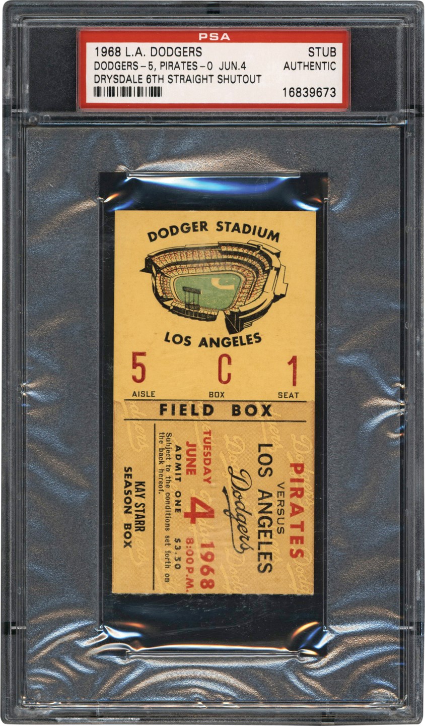 - 1968 Los Angeles Dodgers vs. Pittsburgh Pirates Ticket Stub - Drysdale's Record Sixth Consecutive Shutout (PSA)