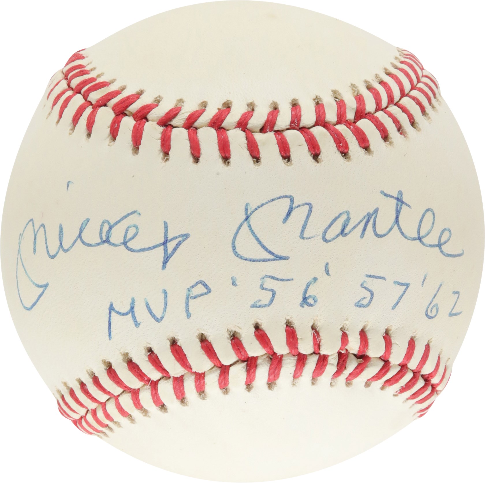 Mantle and Maris - Mickey Mantle "MVP '56 '57 '62" Single-Signed Baseball (PSA)
