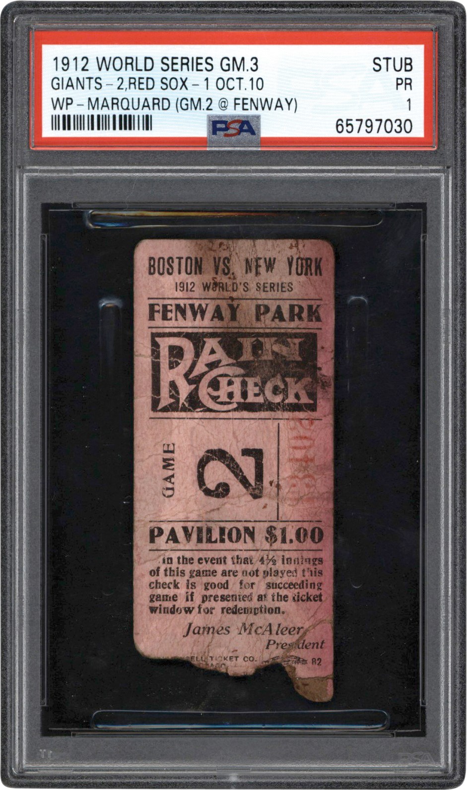 1912 World Series Game 3 Ticket Stub PSA PR 1
