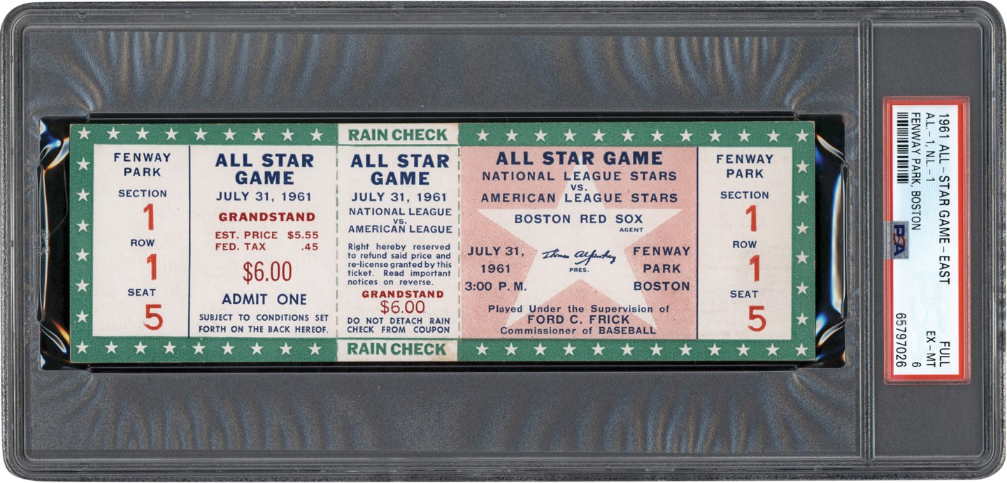 1961 MLB All Star Game Full Ticket PSA EX-MT 6 (One Higher)