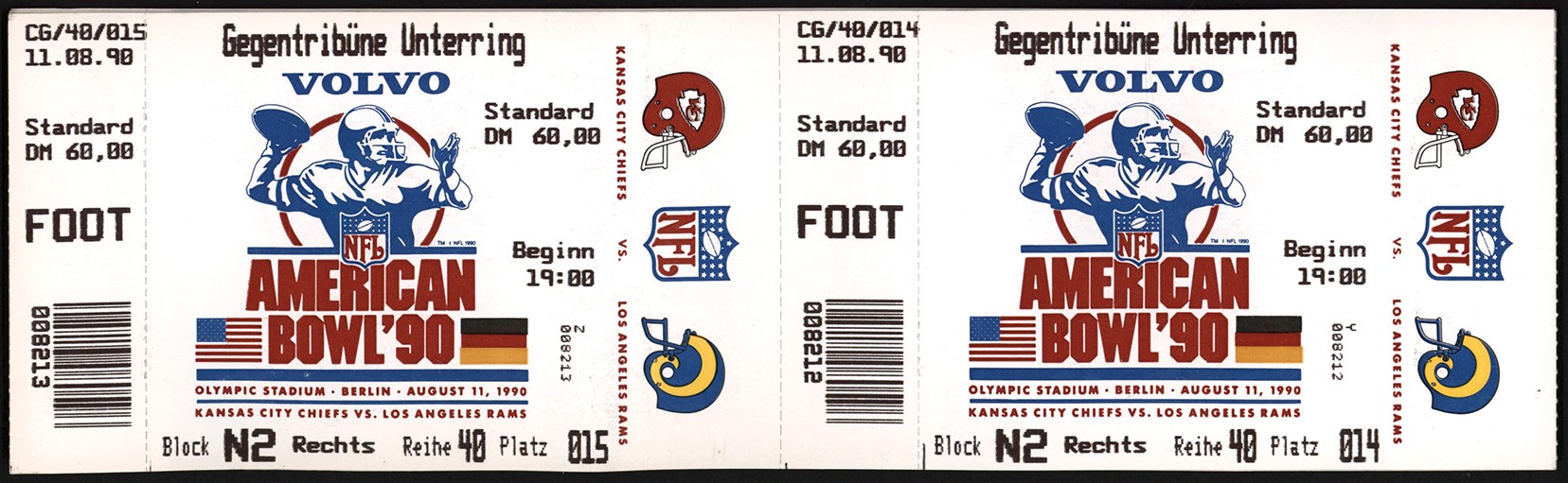 1990 American Bowl Full Ticket Strip (16) - First NFL Game Played in Germany
