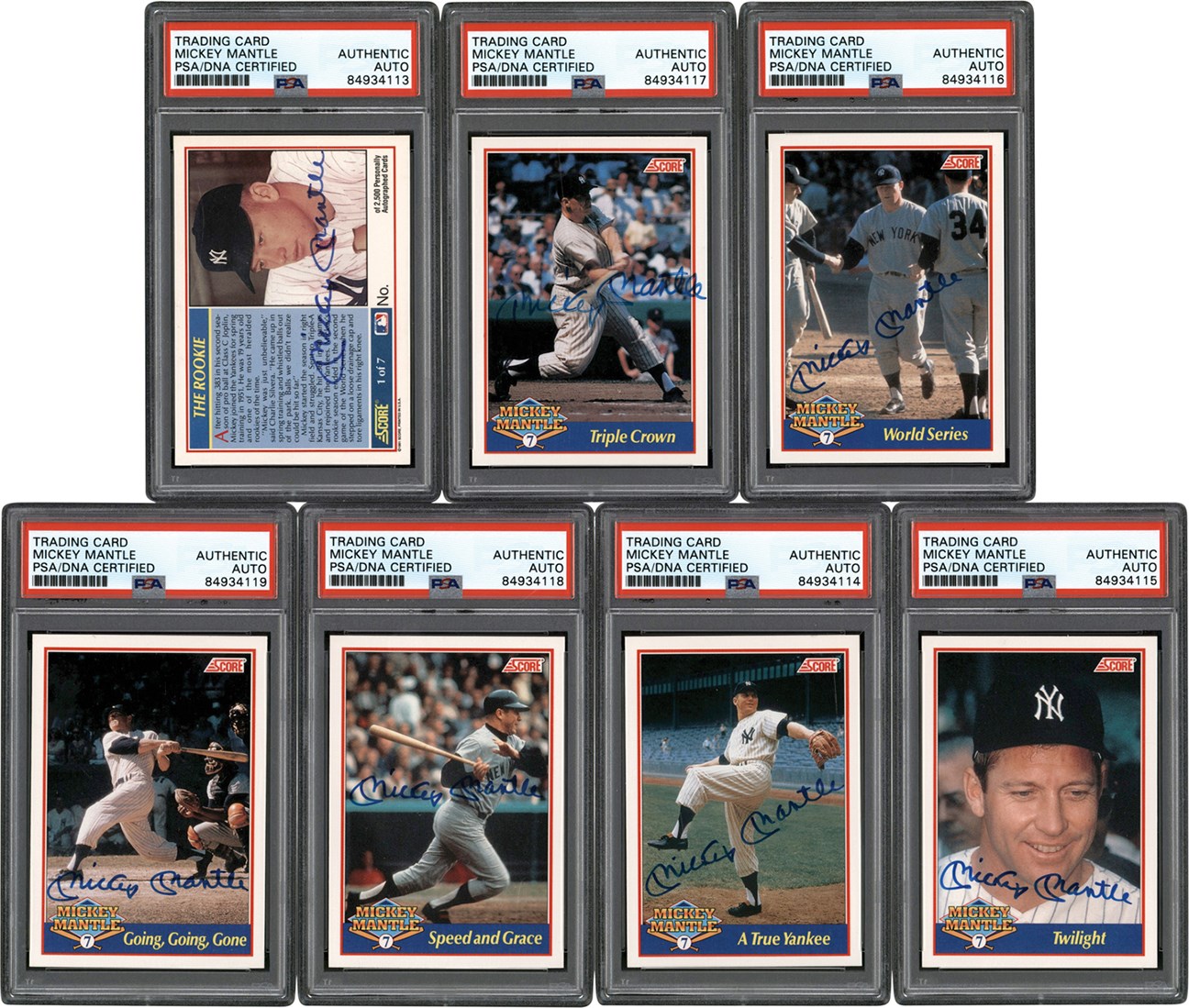 - Signed 1991 Score Mickey Mantle Unnumbered Proof Set (7)  All PSA Encapsulated