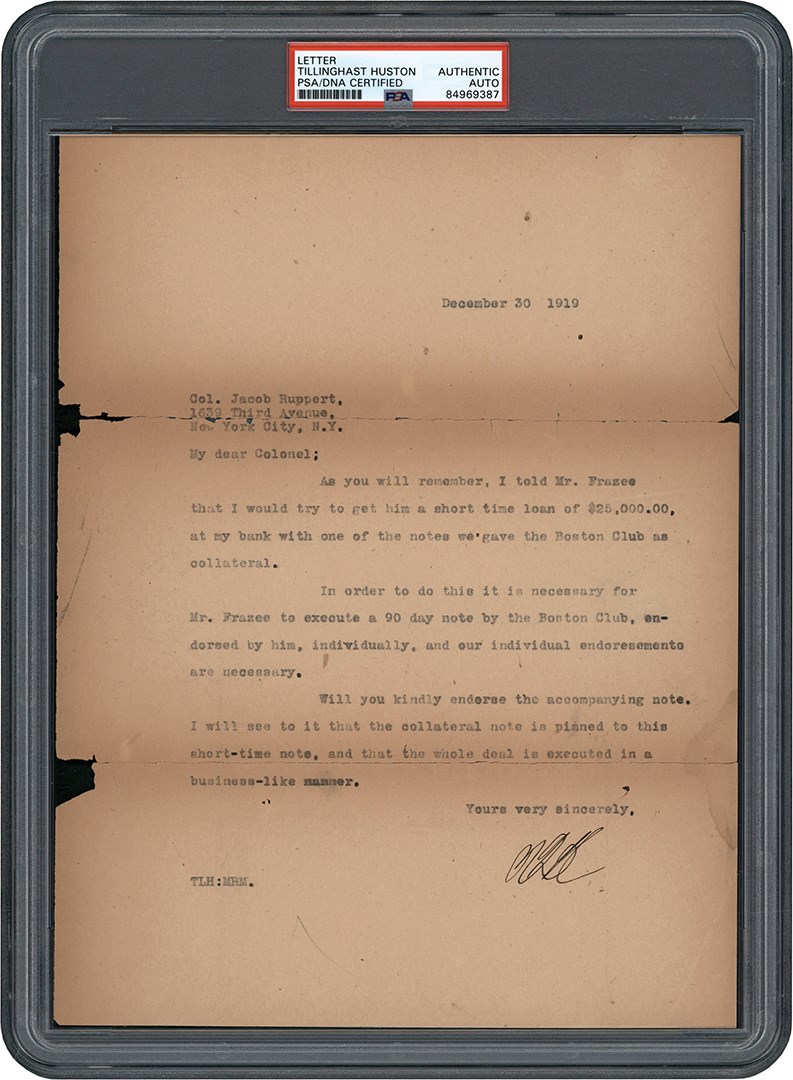 December 30th, 1919, Colonel Tillinghast Huston Signed Letter to Jacob Ruppert Asking Him to Sign Promissory Note Connected to The Sale of Babe Ruth (ex-Barry Halper Collection)