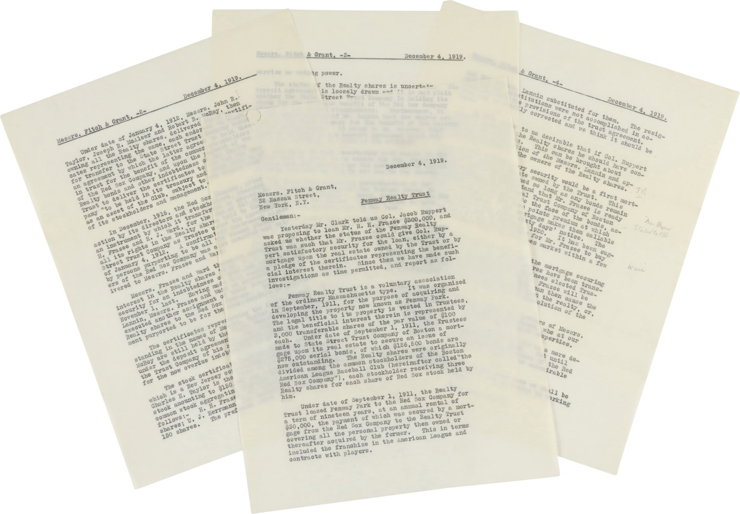 - 1919 NY Yankees $300,000 Loan Analysis Copy Letter for the Sale of Babe Ruth’s Contract (ex-Barry Halper Collection)