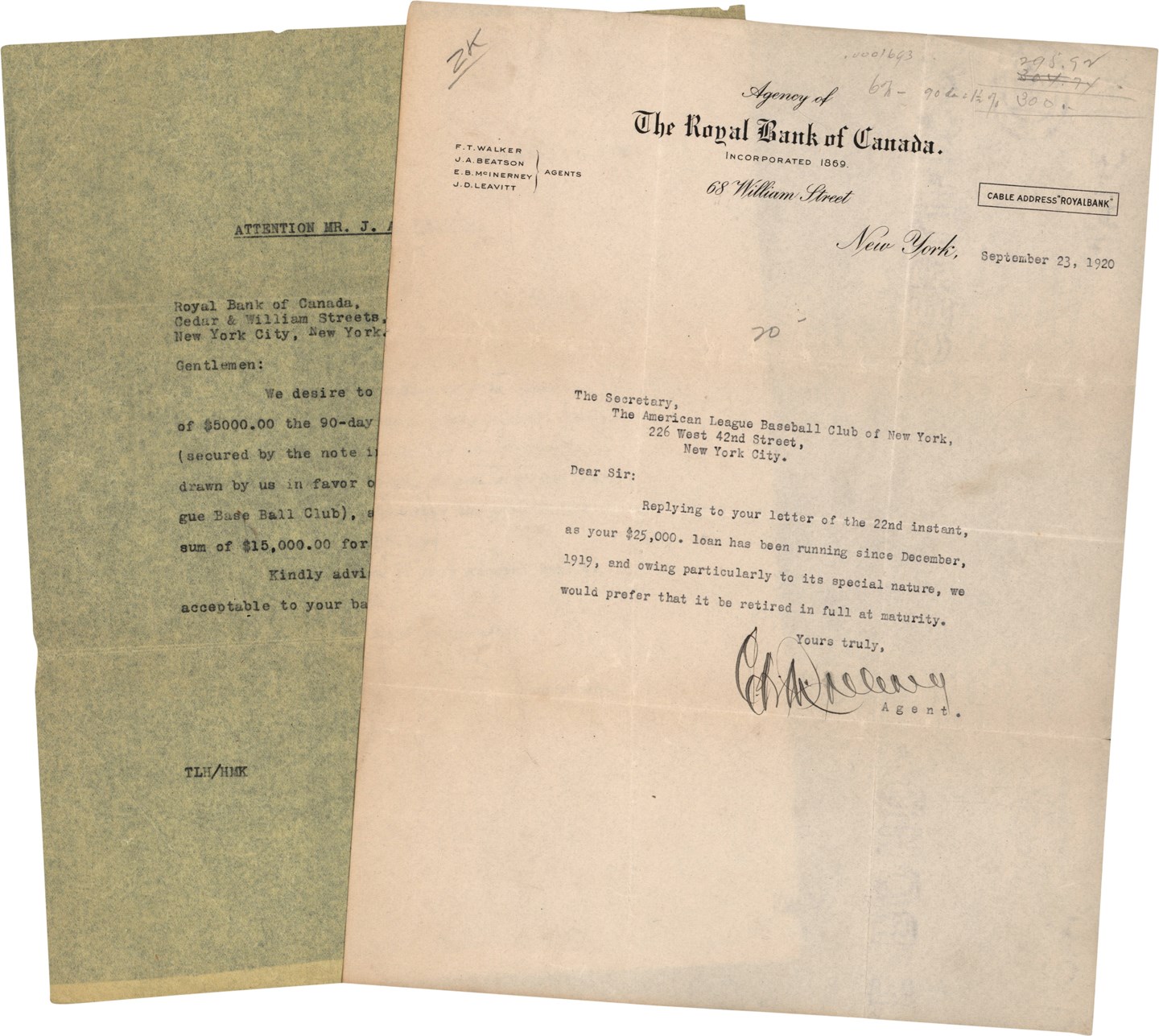 September 1920 Colonel Huston is Denied a Renewal of Note Payment Regarding Babe Ruth Sale (ex-Barry Halper Collection)
