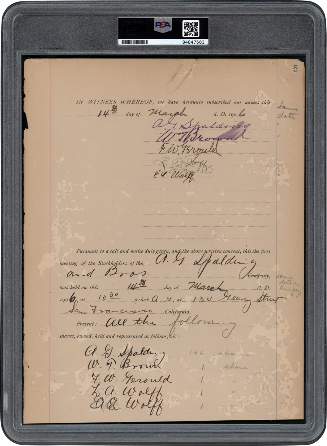 1906 A.G. Spalding Signed Document (PSA)
