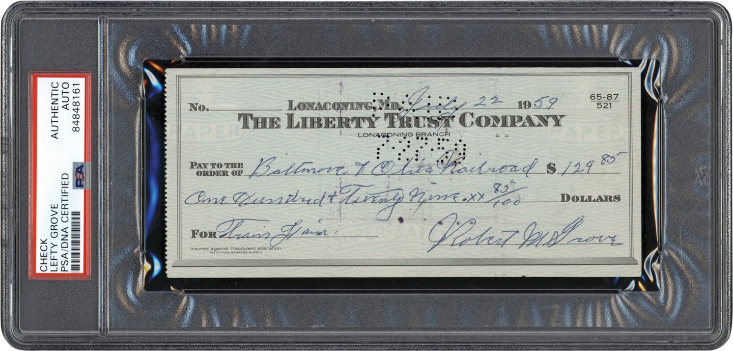 - 1959 Lefty Grove Signed Check w/Mint Signature (PSA)