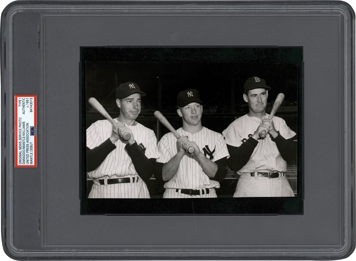 Mantle and Maris - 1951 Mickey Mantle MLB Debut Photograph w/DiMaggio & Williams (PSA Type I)