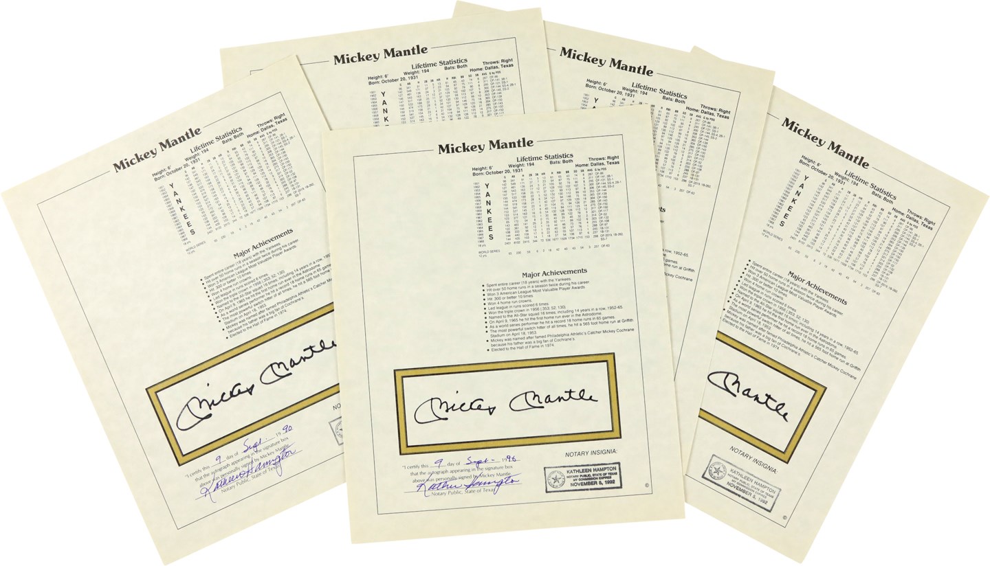 Baseball Autographs - 1990 Mickey Mantle Signed Stat Sheet Collection (5)