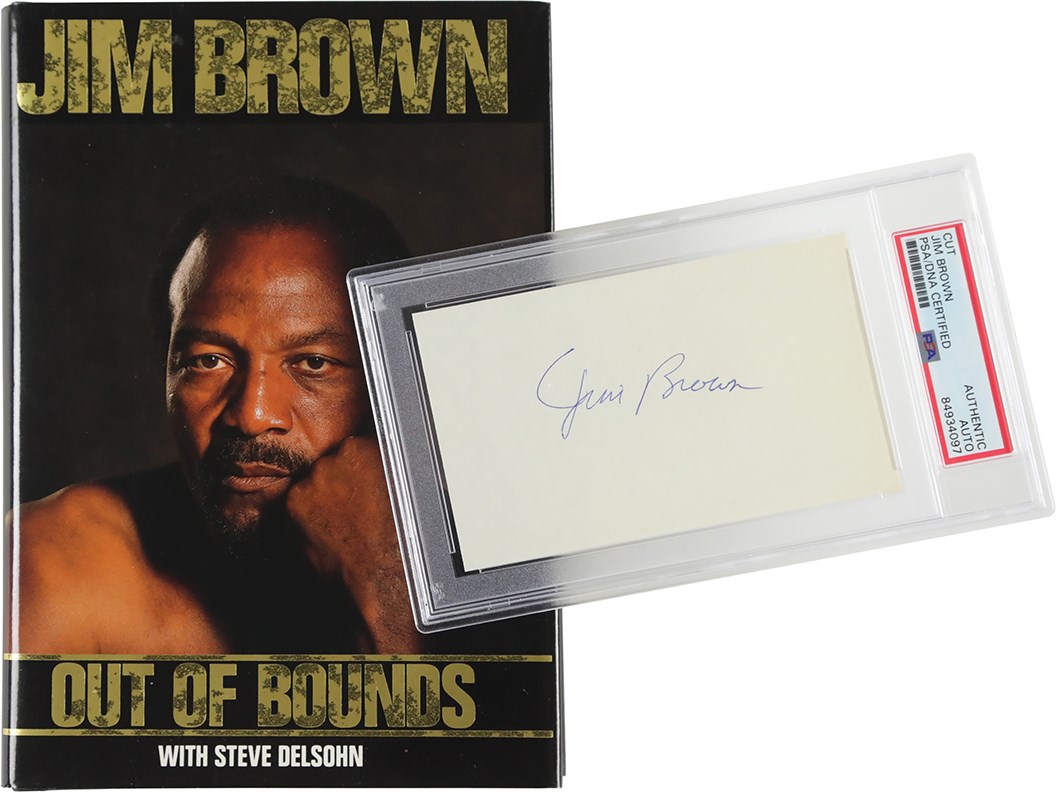 Jim Brown Signed Book and Index Card PSA