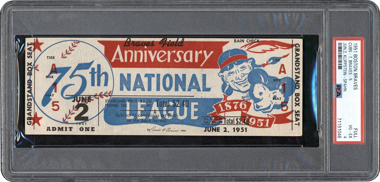 - 1951 Braves Field 75th Anniversary Full Ticket PSA VG-EX 4