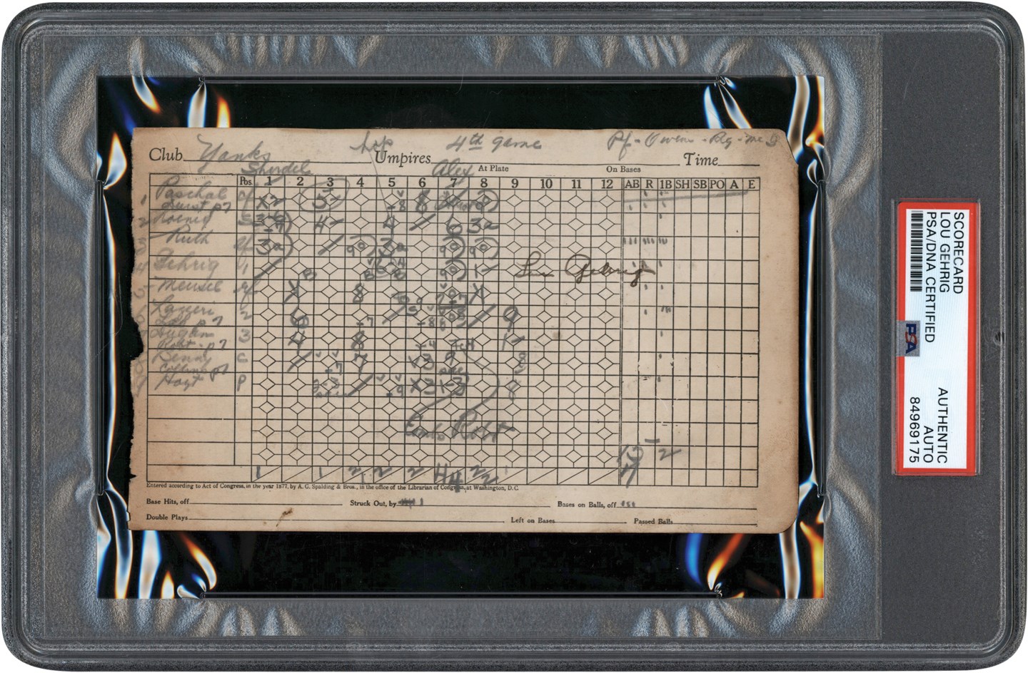Ruth and Gehrig - Lou Gehrig Signed 1928 World Series Clinching Game 4 Scorecard - Ruth Hits Three Home Runs! (PSA & JSA)