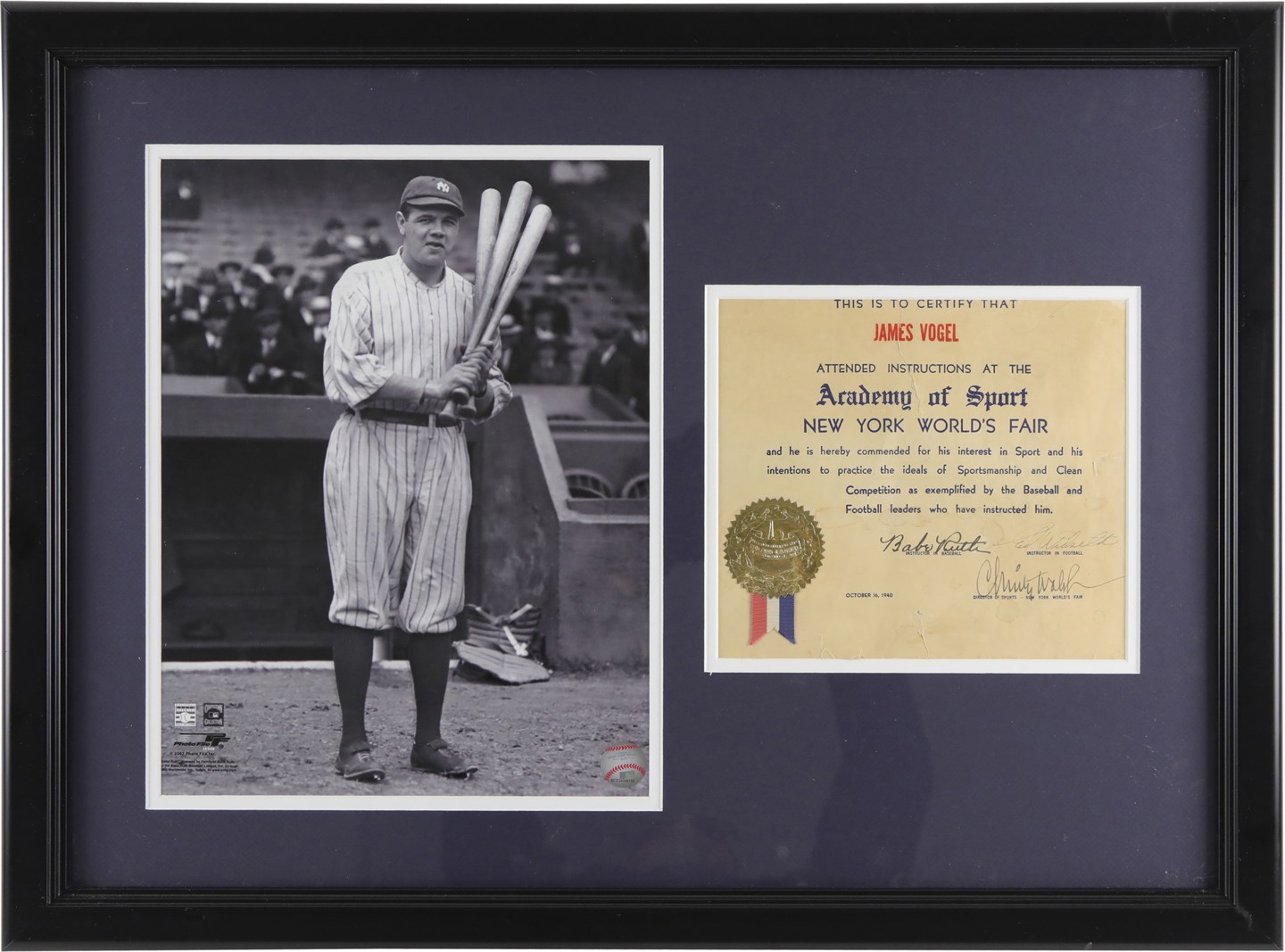Ruth and Gehrig - 1940 Babe Ruth Signed World's Fair Certificate Display (JSA)