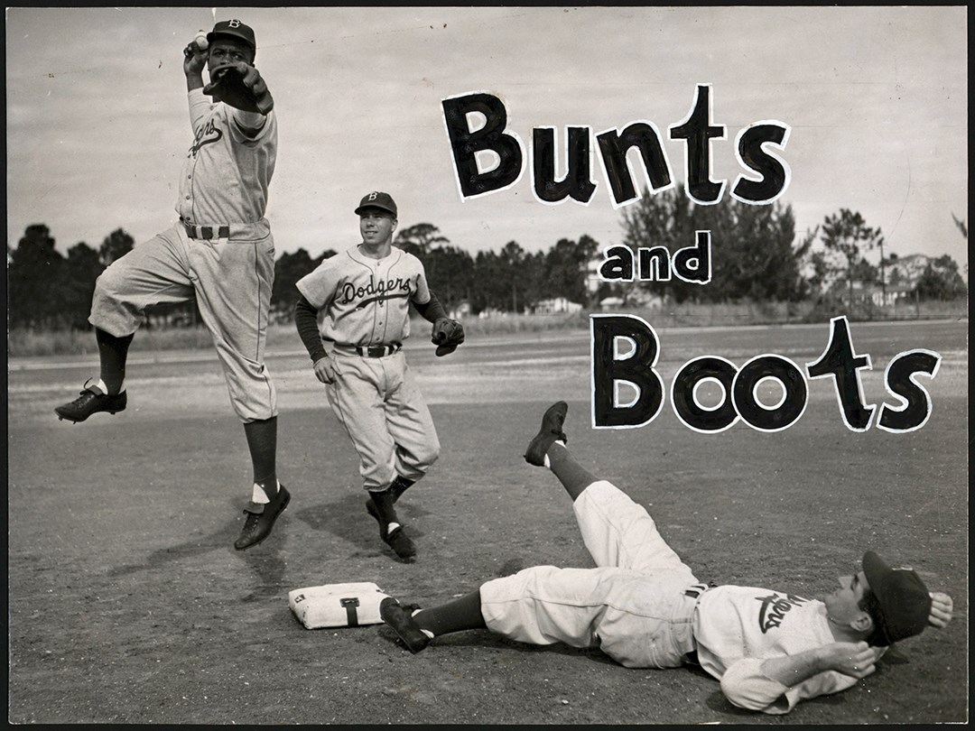 Circa 1948 Jackie Robinson, Pee Wee Reese, Carl Furillo "Bunts and Boots" Original Photograph