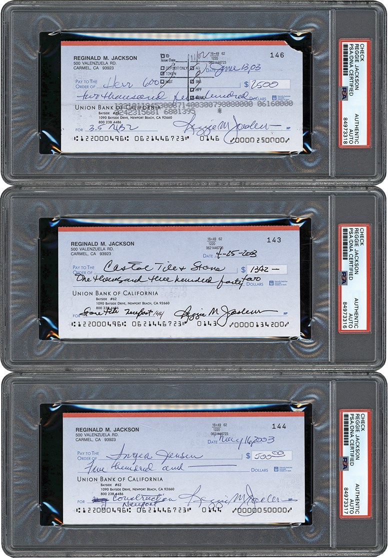 Reggie Jackson Signed Personal Check Collection (3) (PSA)