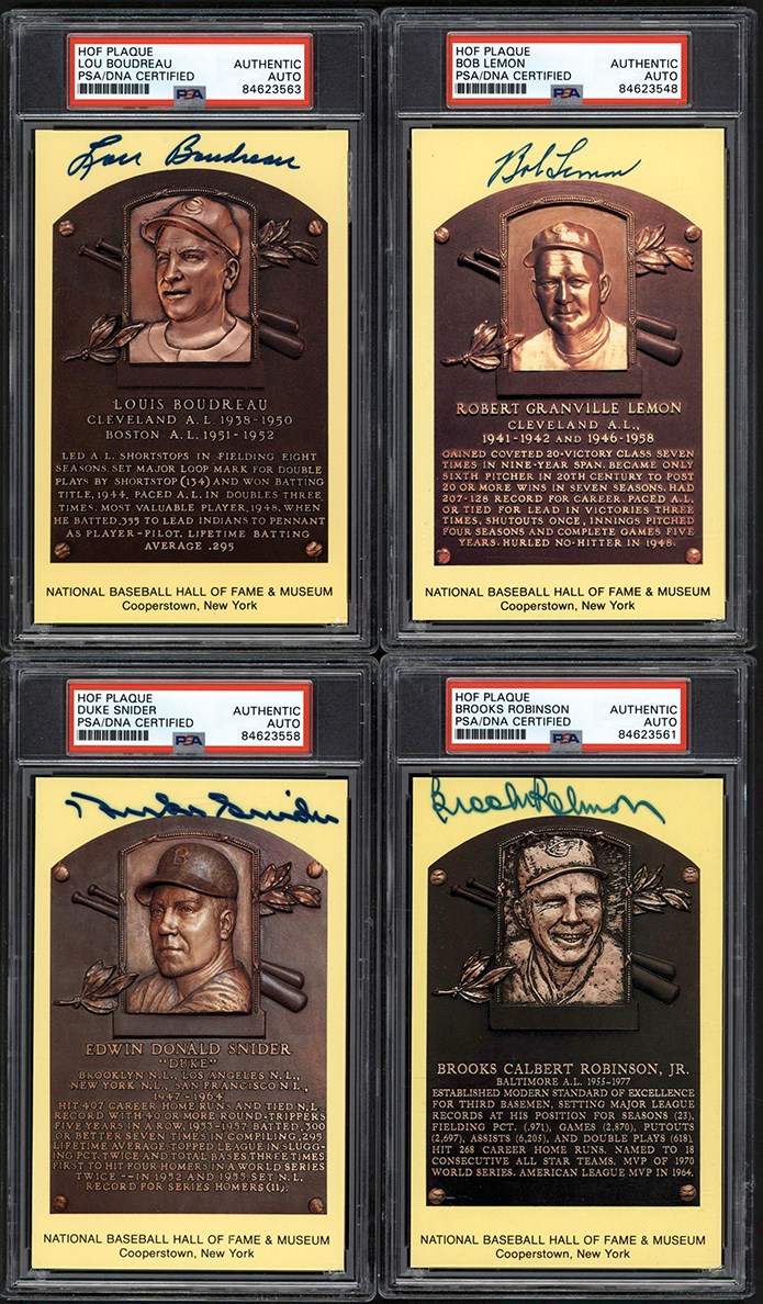 Baseball Autographs - Signed Yellow Hall of Fame Plaque Postcard Collection (13) All PSA