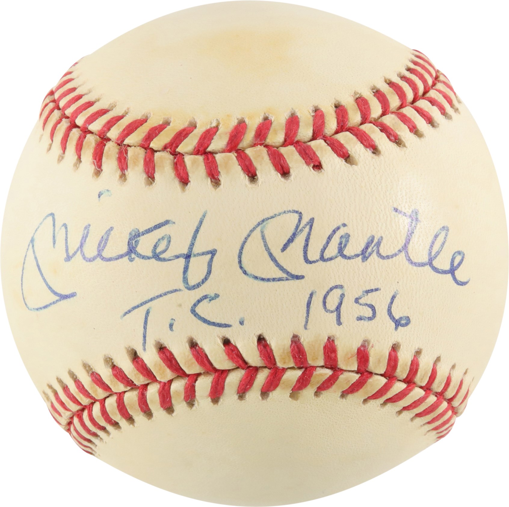 Baseball Autographs - Mickey Mantle "T.C. 1956" Single-Signed Baseball (PSA)