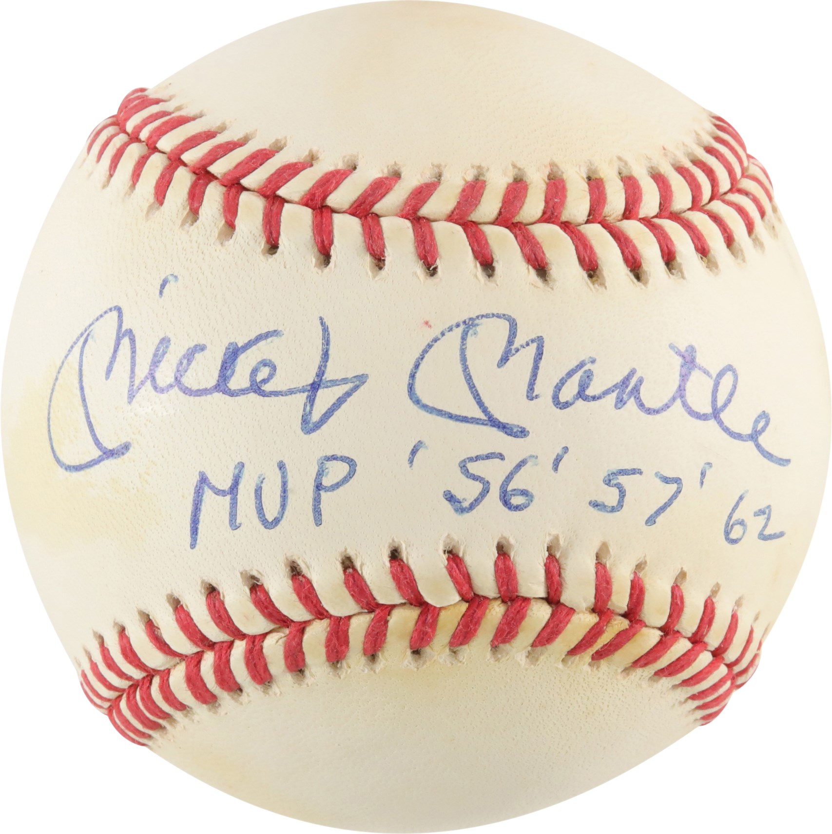 Baseball Autographs - Mickey Mantle "MVP '56 '57 '62'" Single-Signed Baseball (PSA)