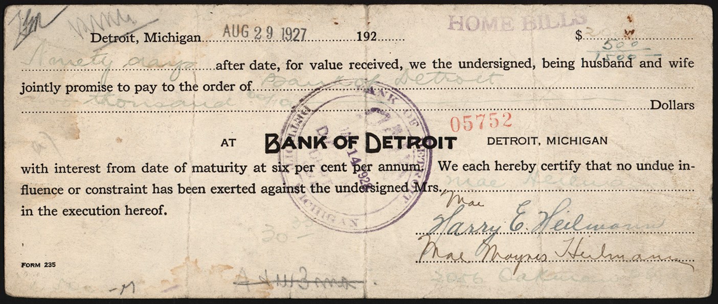 1927 Harry Heilmann Signed Bank Note