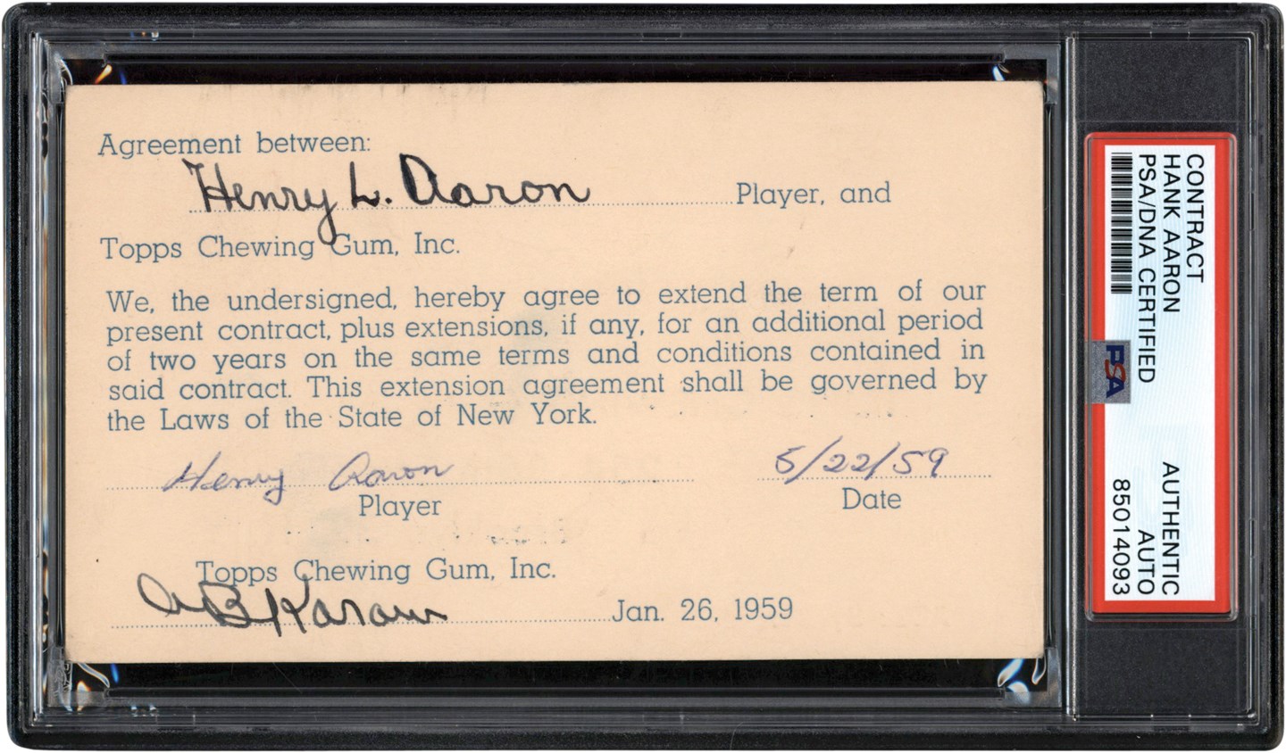 Baseball Autographs - 1959 Hank Aaron Signed Topps Renewal Card and Contract (PSA)