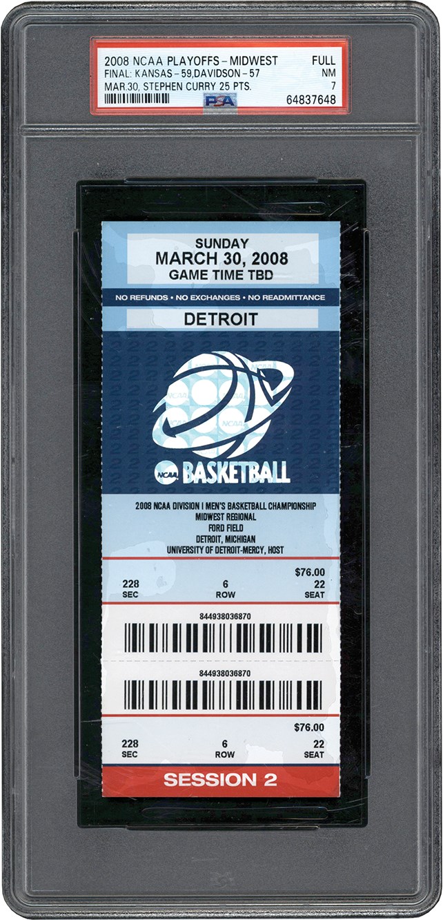 - 3/30/08 Stephen Curry Breaks NCAA 3-Point Record Full Ticket PSA NM 7 (Pop 2 - One Higher)
