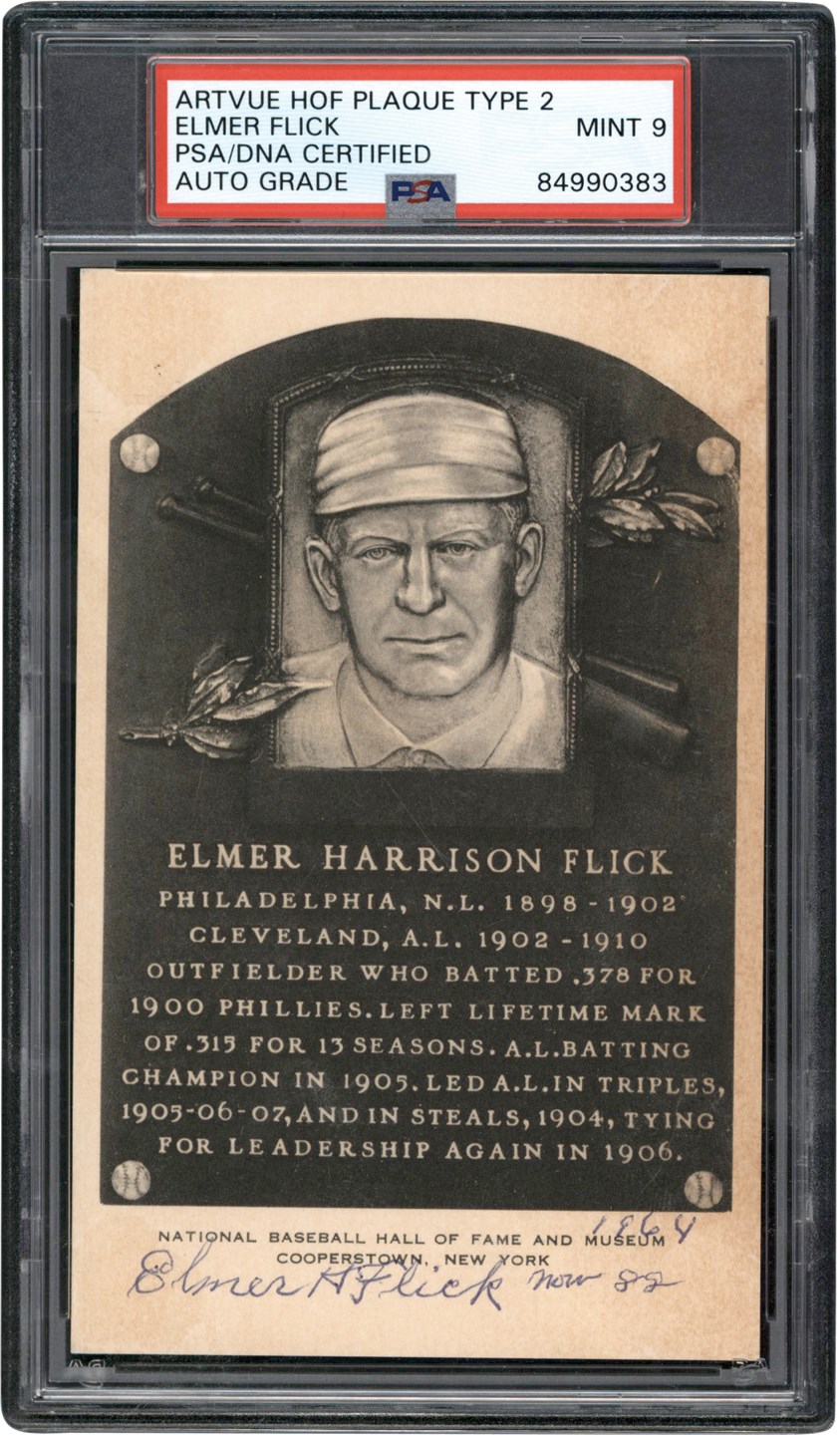 - 1964 Elmer Flick Triple-Signed Artvue Hall of Fame Postcard (PSA MINT 9)