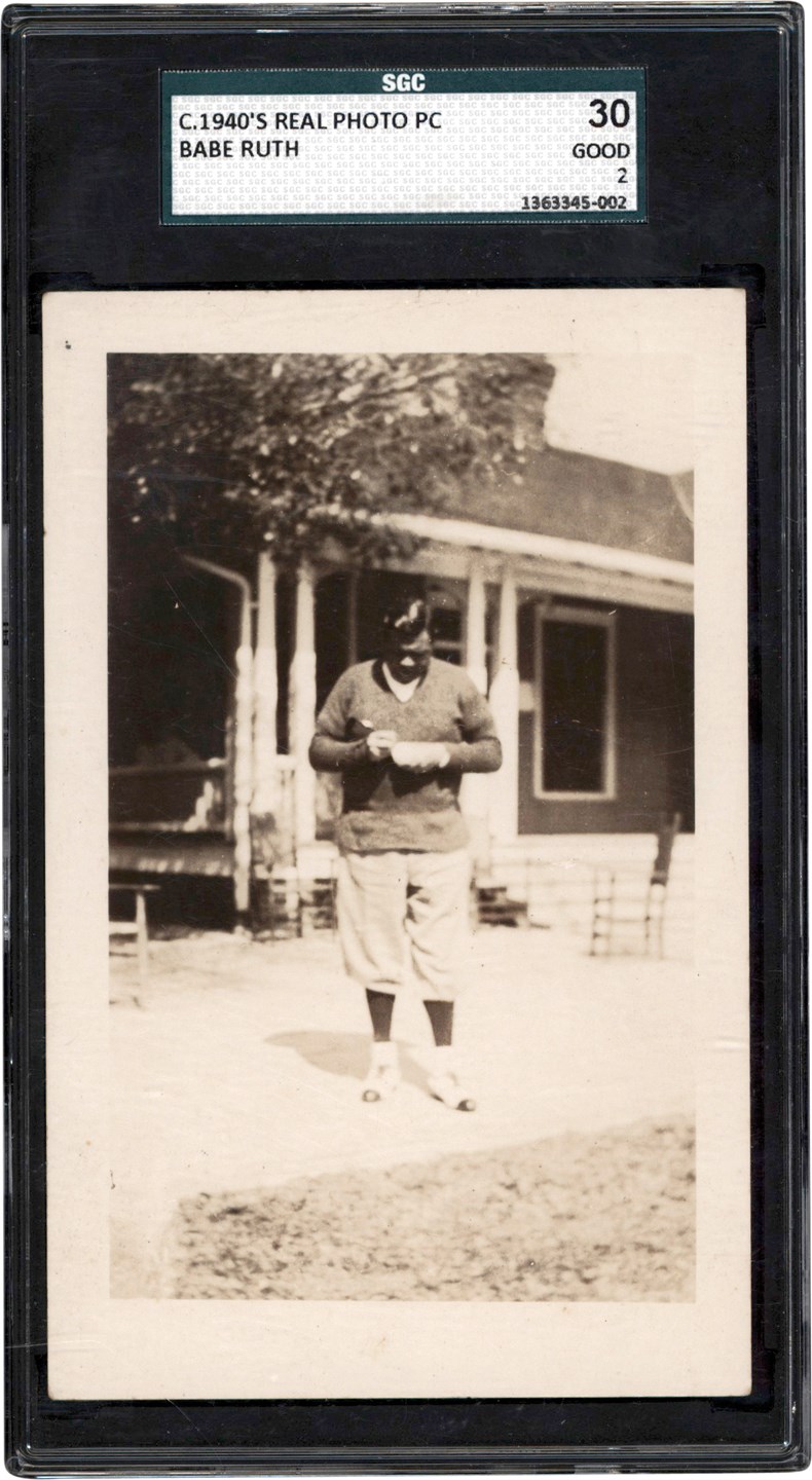 1940s Babe Ruth "Signing a Baseball" Real Photo Postcard SGC GD 2