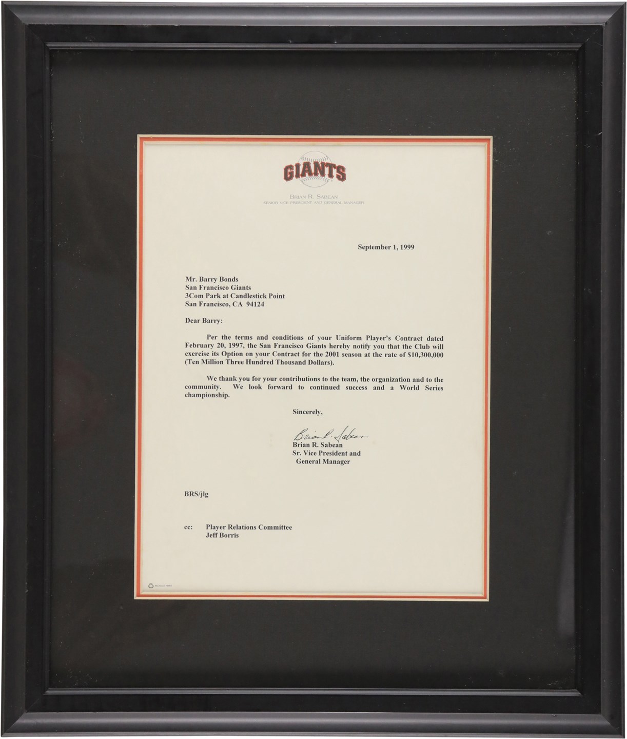 Amazing Barry Bonds Historic 2001 Contract Letter Picking Up Club Option
