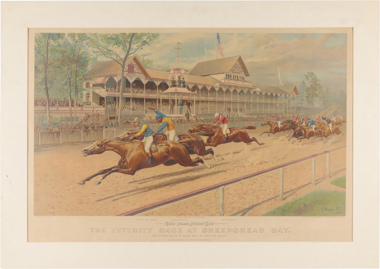 Outstanding 1888 Currier & Ives Original Print of The Futurity Race at Sheepshead Bay