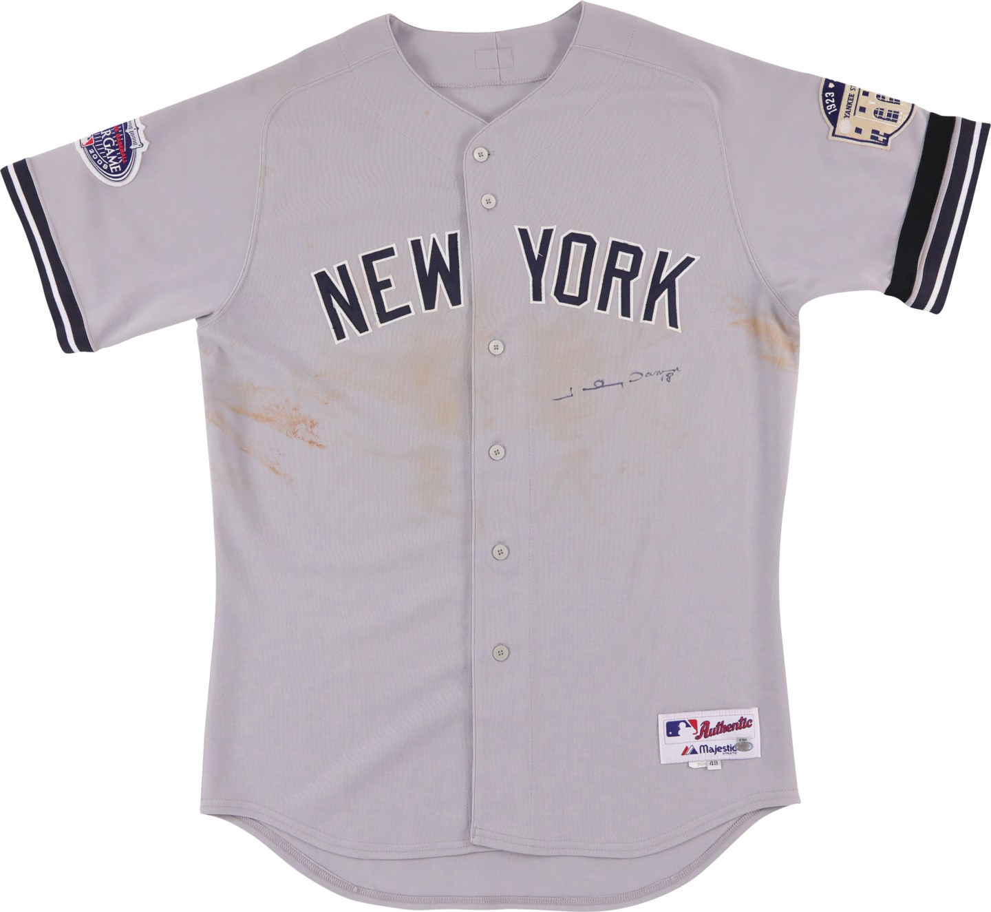 - 2008 Johnny Damon Unwashed "Two-Home Run" New York Yankees Signed Game Worn Jersey (Photo-Matched to Three Games & Steiner)