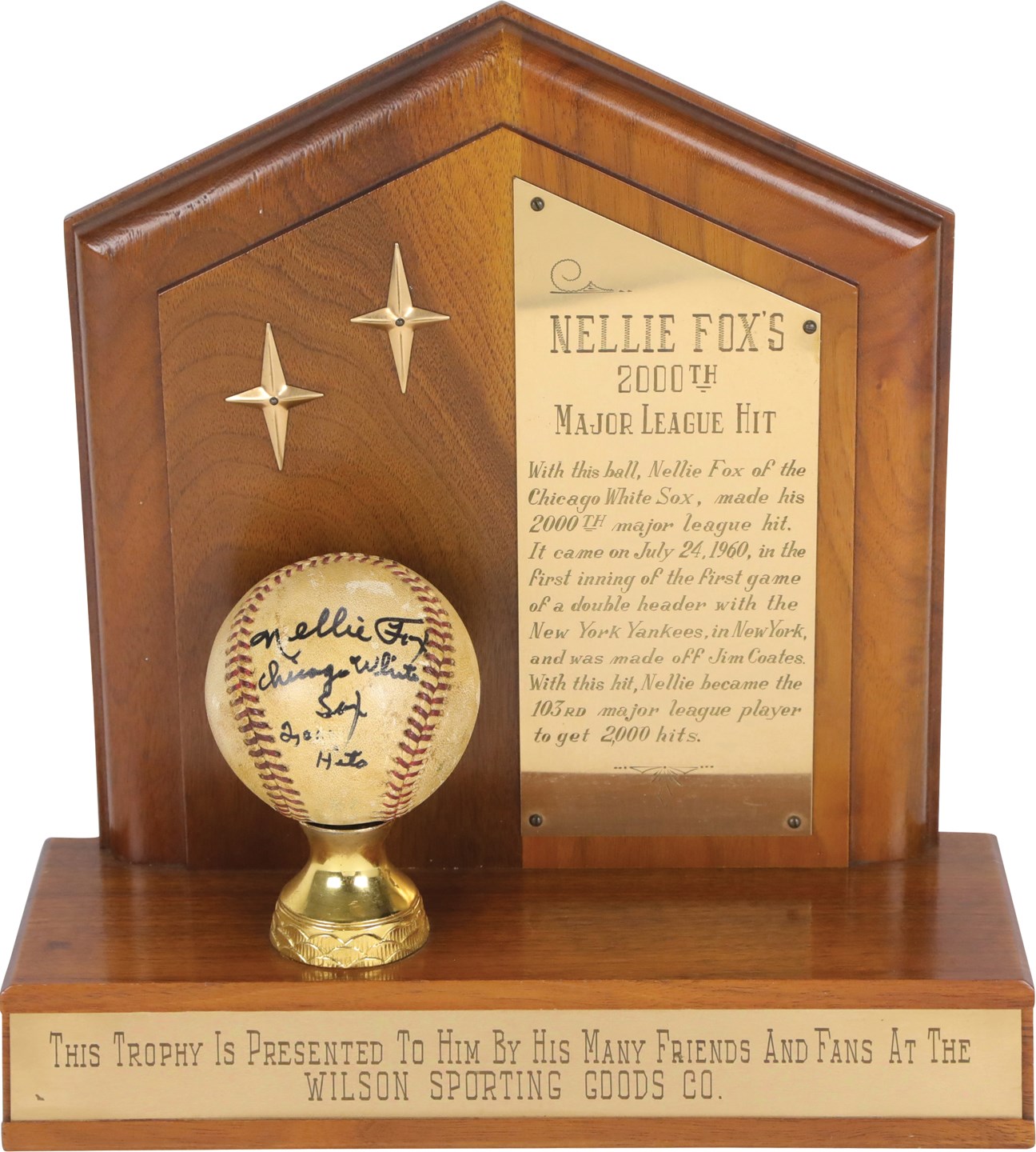 - 1960 Nellie Fox 2,000th Career Hit Baseball and Trophy (Family LOA)