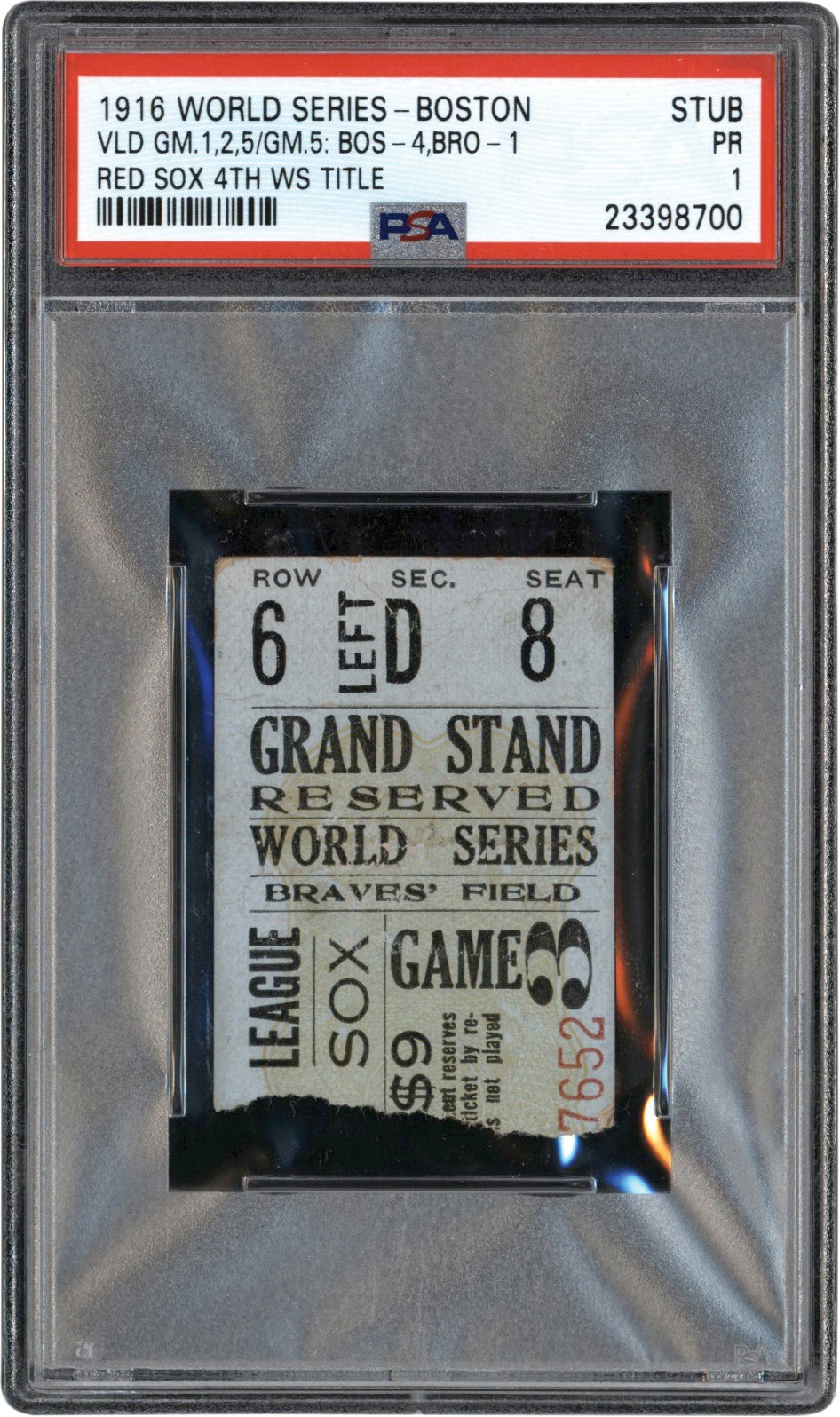 1916 World Series Ticket Stub Valid for Games 1, 2, & 5 - Babe Ruth's First World Series Start - Begins His Scoreless Inning Streak PSA PR 1